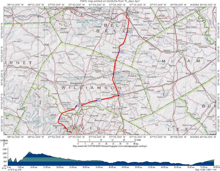 topographic map of rocky team's day one route