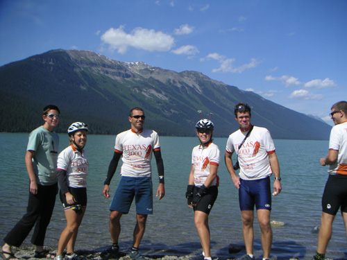 Carly, Libby, Adriano, Lorig, Andy, and Brett skipping stones in Canada